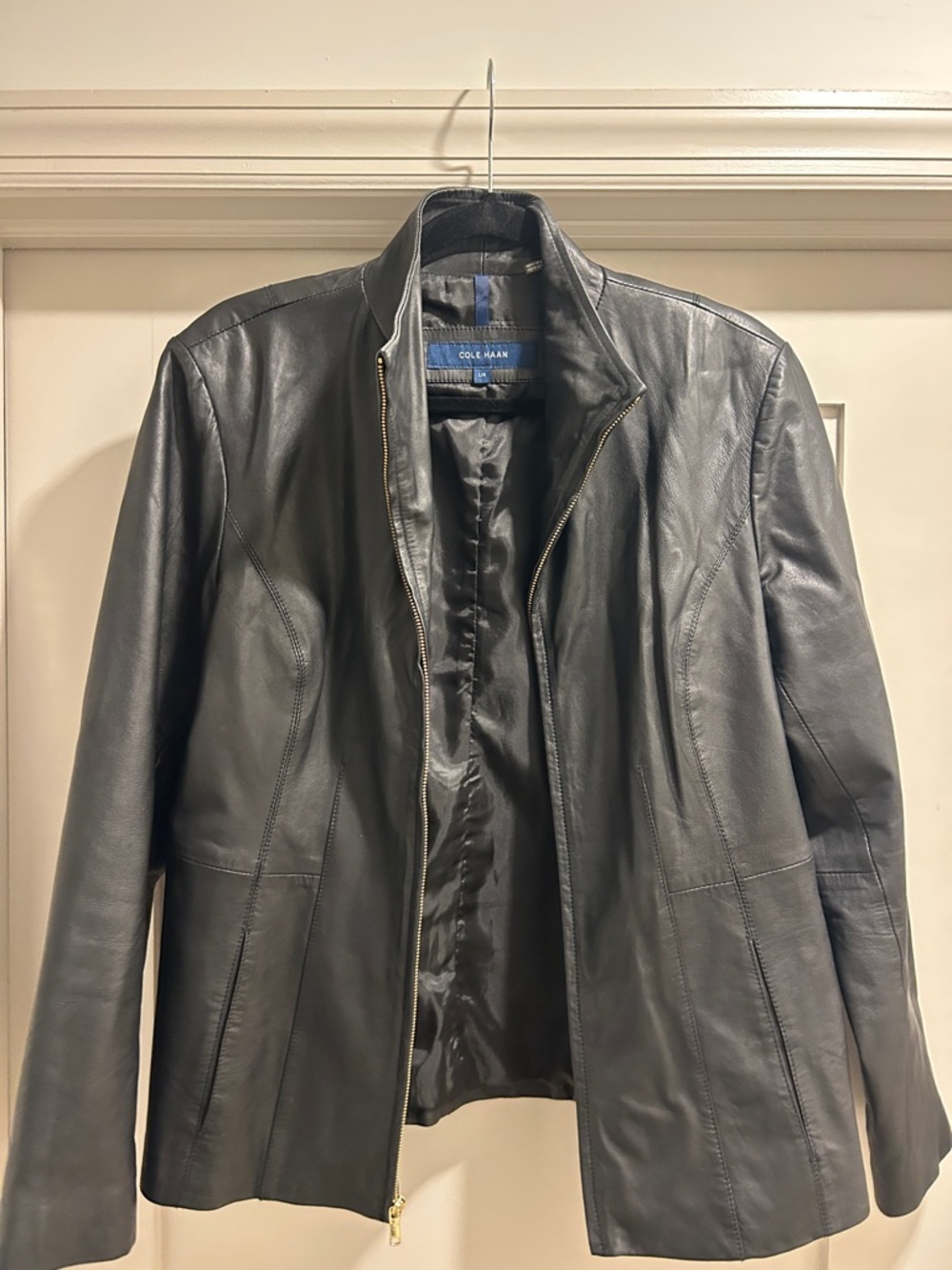 Cole Haan Black Leather Zip Jacket with Gold Zipper